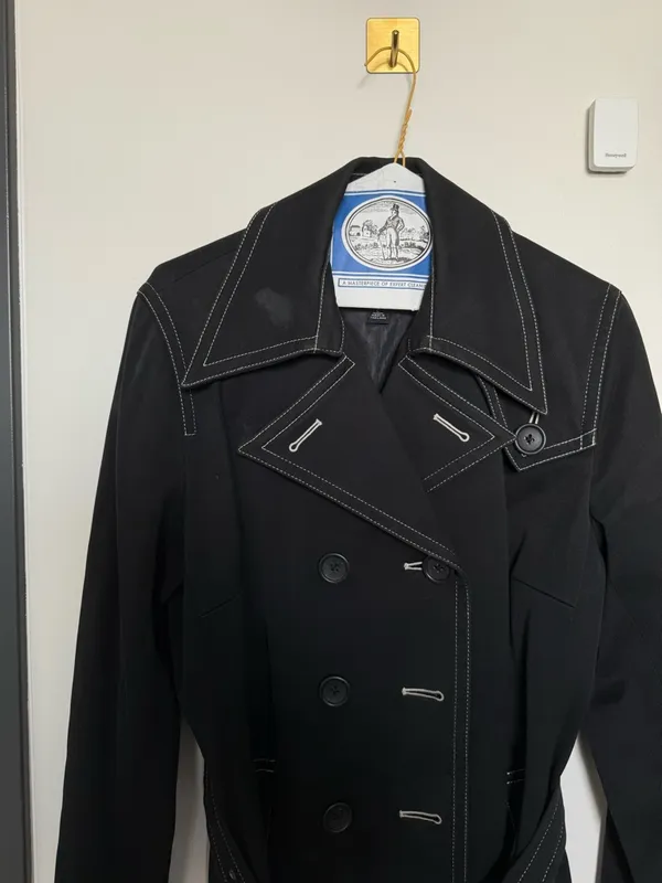 Vintage Banana Republic Black Cotton Trench Coat Contrast Stitch Belted L - Image 5