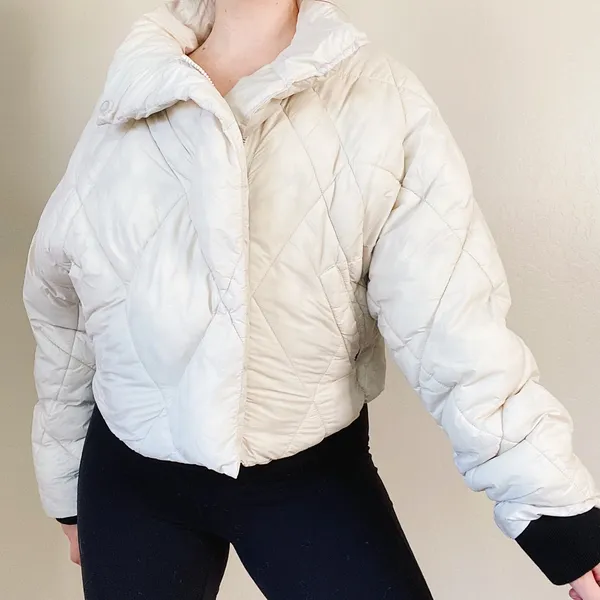 Calvin Klein Jeans Cream Assymetric Zip Cloud Puffer Coat Crop Jacket - Image 6