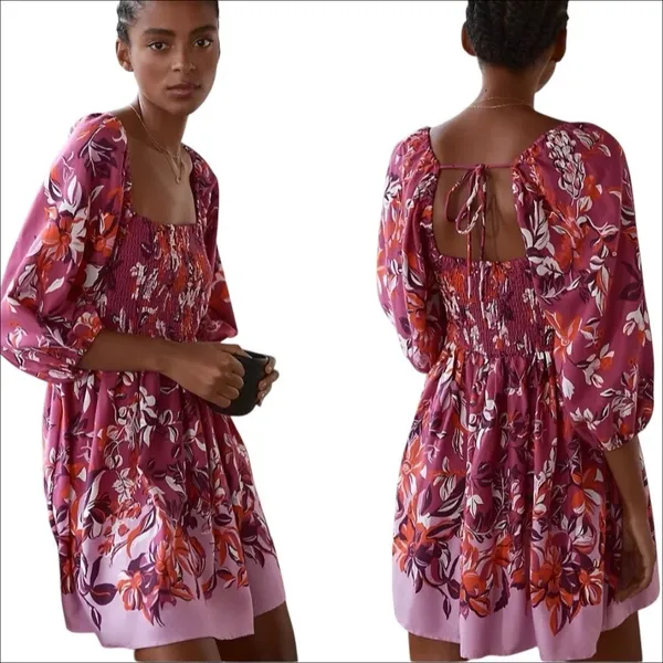 Alexandra Farmer for Anthropologie Smocked Pink Floral Mini Dress Small Petite - Image 2