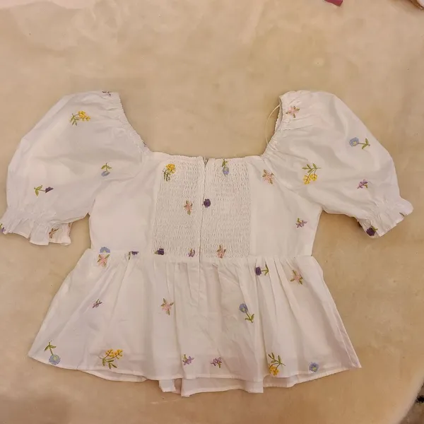 English Factory White Puff Sleeve Embroidered Floral Peplum Top - Image 5