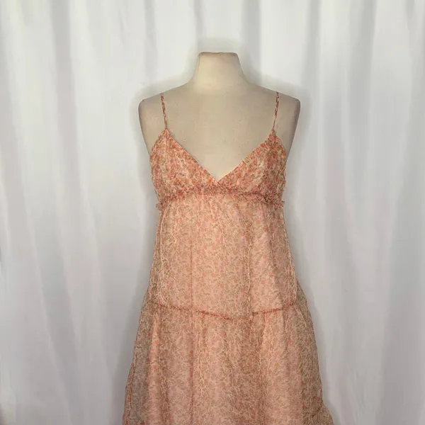 ZARA Organza Pink Peach Floral Maxi Dress Tiered Sundress Summer Vacation Medium - Image 3