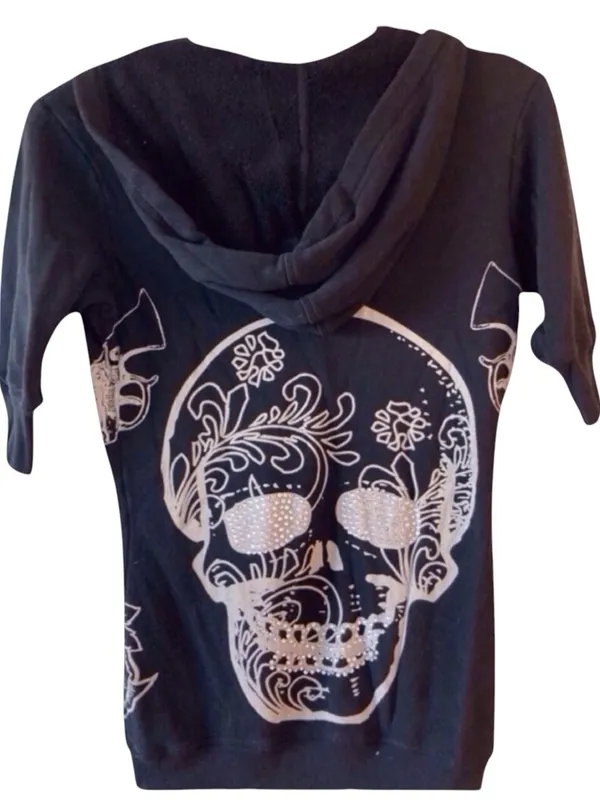 Y2K Crash & Burn Skull Rhinestone Short Sleeve Hoodie Black Size S vintage - Image 2