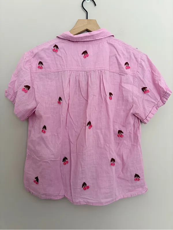 Maeve Anthropologie Fruit Short Sleeve Button Down Cherry Pink - Image 3