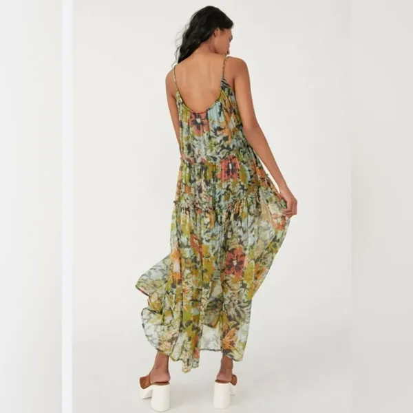 Free People NWT Evereve Dress Green Floral Medium Flowy‎ Beach Vacation - Image 2