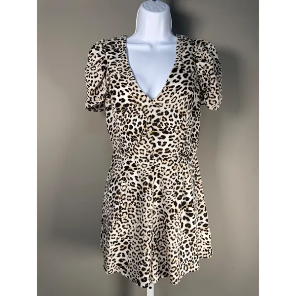 Alga Leopard Print Puff Sleeve Open Back Romper Mob Wife Glam M‎ - Image 2