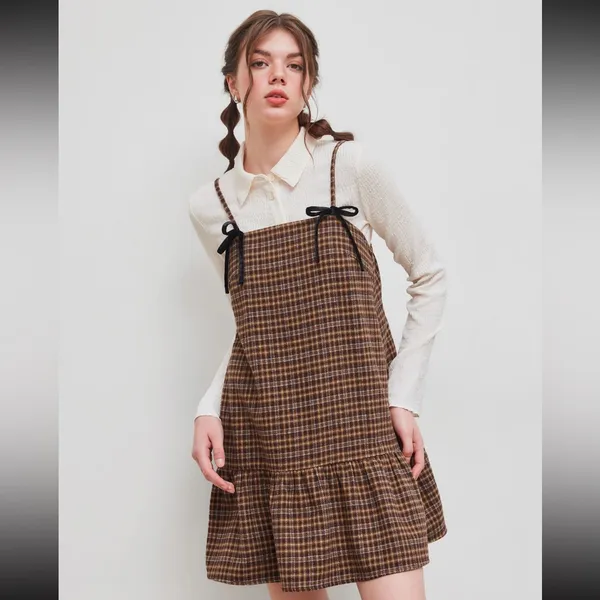 Cider Square Neck Check Ruffle Bowknot Babydoll Mini Dress - Image 2