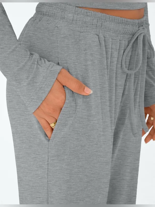 EKOUAER Woman’s Gray Wide-Leg Lounge Pant Drawstring Waist Long Sleeve Set Small - Image 5