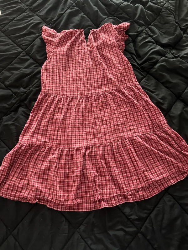 {TIME and TRU} Red Plaid Flutter Sleeve Tiered Prairie Mini Dress - Image 7