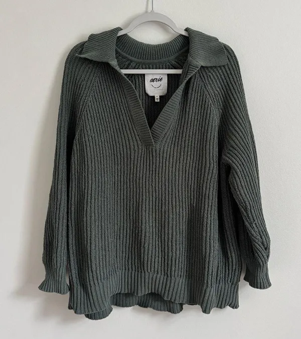 Aerie Sugar Rush Chenille Sweater in Green Size Small V Neck Collared - Image 2