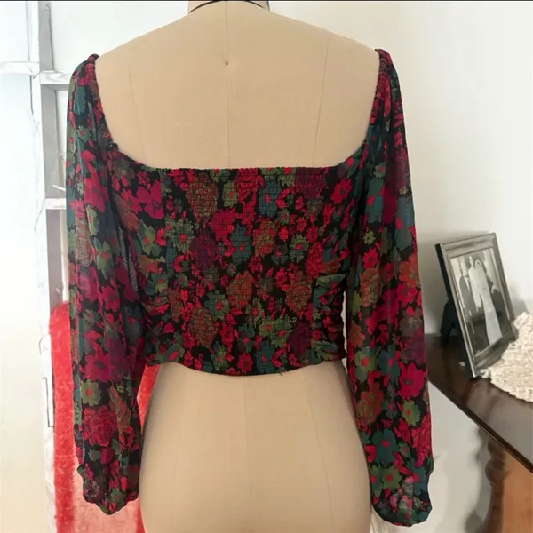 Free People Oh Lala Black Multi Off The Shoulder Floral Chiffon Top Size Medium - Image 5