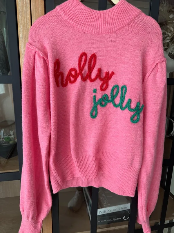 Holly Jolly Christmas sweater ribbed 3D tinsel wool blend mockneck - Image 2