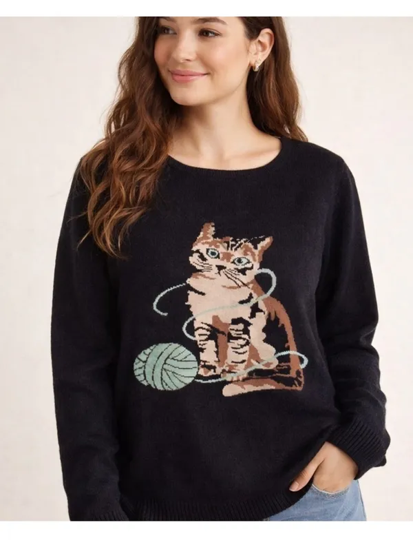 Astrologie Dark Navy Blue Cat/Kitten with Yarn Pullover Sweater Size XXL - Image 6