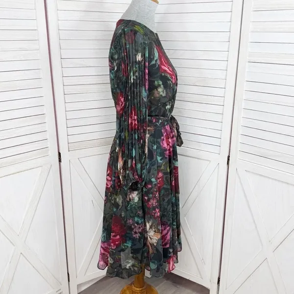 Maison Tara Dark Floral Pleated Sleeve Chiffon Fit Flare Dress Black Multi 10‎ - Image 4