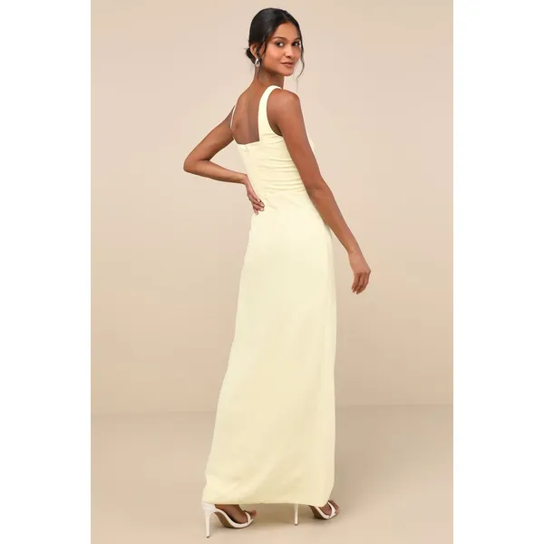 NWT Lulus Glamorous Disposition Light Yellow Ruched Maxi Dress Bridesmaid Sz L - Image 3