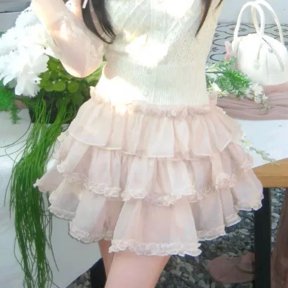 Japanese Kawaii Y2K Dusty Pink Cottage Ballet Ruffle Mini Tier Skirt Skorts - Image 2