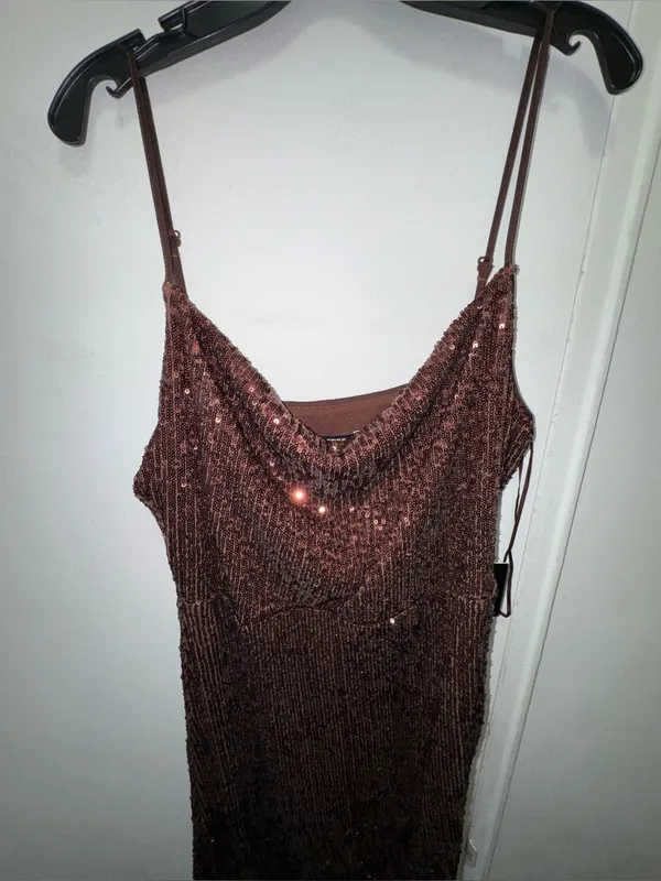 NWT Express Sequin Slip Ruched Dress in Chocolate Brown Size Medium - Image 3