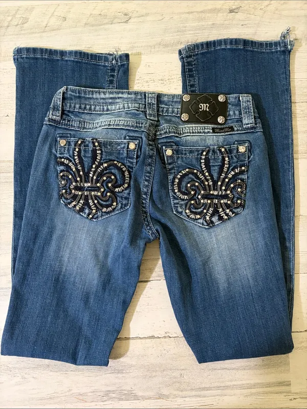 Miss Me Blue Embellished Fleur-de-Lis Bootcut Jeans Size 28 - Image 2