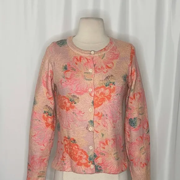 Anthropologie POSTMARK Devon Floral Cardigan Sweater Pink Knitwear Buttons Small - Image 3