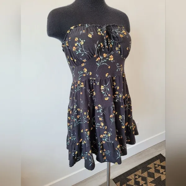 No Boundaries Dark Floral Midi Dress Milkmaid Festival Cottage Maiden Fairy Tiered Smocked - Image 3