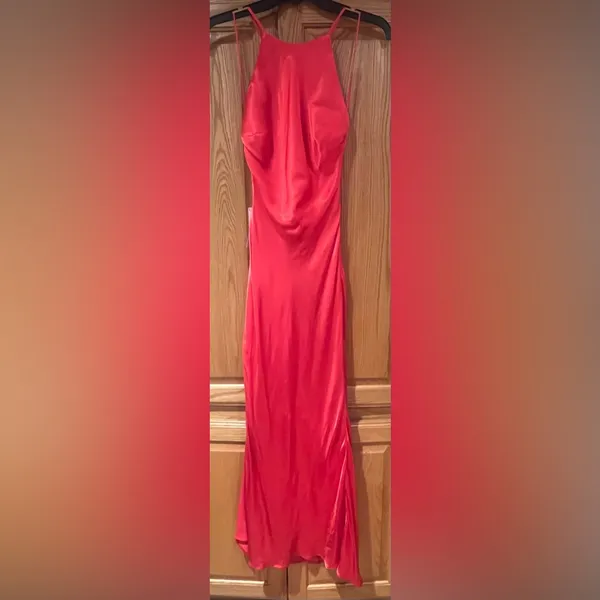 Bardot Mila High Jewel Neck Cowl Back Satin Slip Dress in Fire Red Size‎ 2 - Image 9