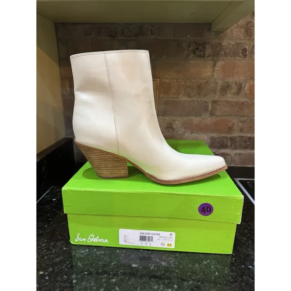Sam Edelman Jane Ivory Leather Pointed Toe Block Heel Fashion Western Ankle Boot - Image 3