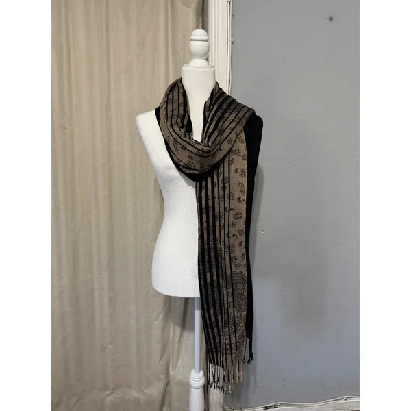 Black and Tan Paisley Floral Pashmina Wrap Scarf Shawl with Fringe Trim 28x72 in - Image 5
