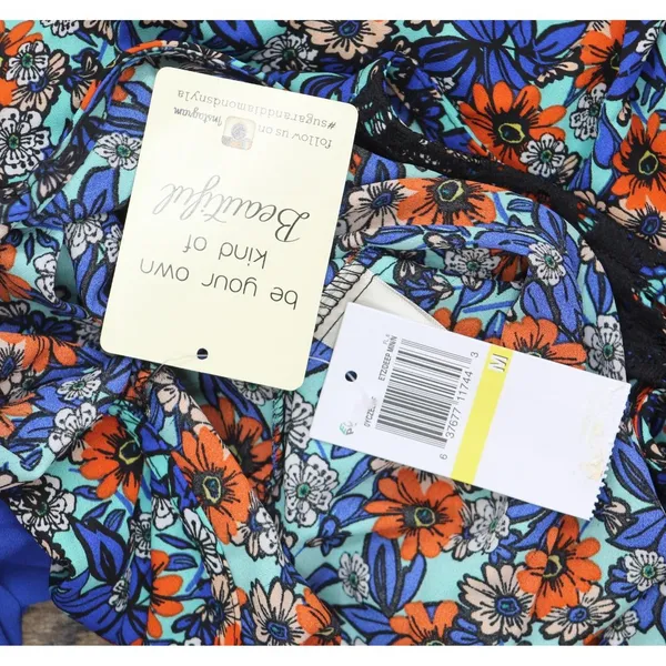 NWT Belle Du Jour Printed Lace Hem Tank Top Blouse With Scarf Blue / Multi M - Image 8