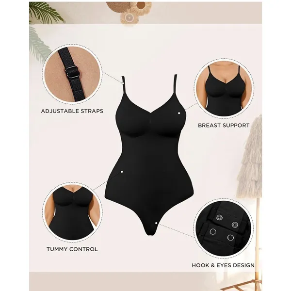 Womens Seamless Shapewear Bodysuit with Adjustable Straps Thong Black M/ L New - Image 4