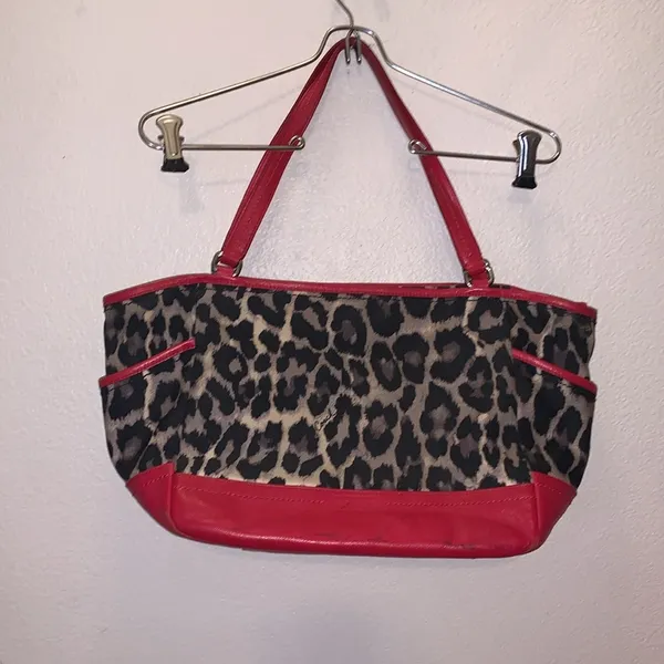 Coach Park Ocelot Leopard Print Canvas Red Leather Trim Shoulder Tote Bag - Image 4