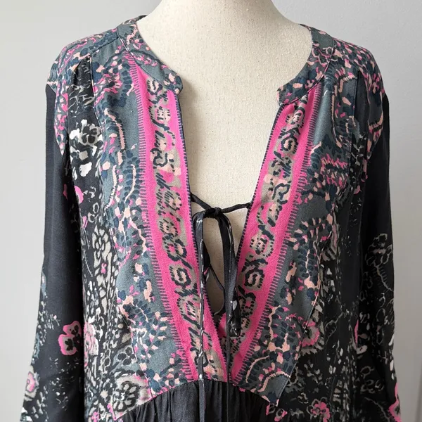 Free People Maxi Dress Size Large Black and Pink Long Sleeve Boho - Image 3