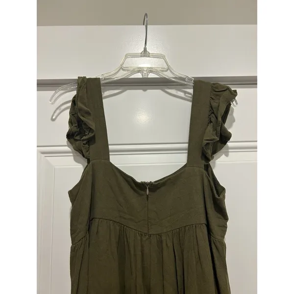 Women’s Olive Green Midi dress Sz Medium pockets Prairie Cottagecore Boho Ruffle - Image 4