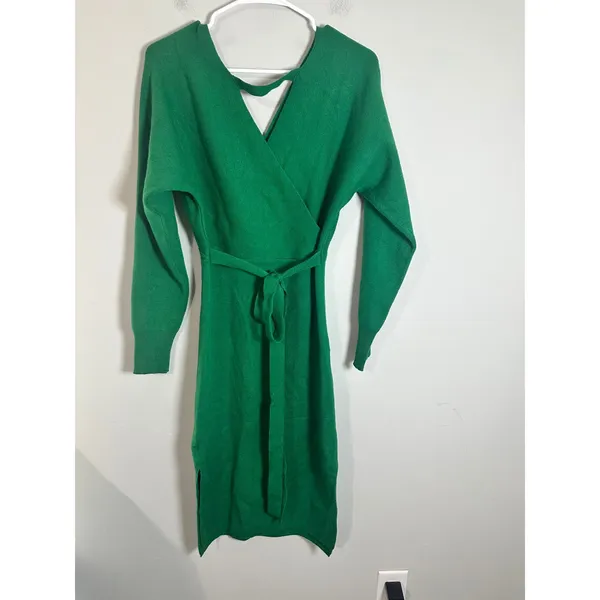 Cider Green Wrap Sweater Dress V-Neck Belted Back Cutout Midi CD20230904384 XS‎ - Image 5