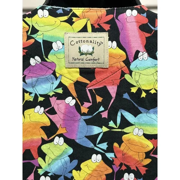 Cotonality Multi Colored Frogs Short Sleeve Snap‎ Up Round Pockets Size Small - Image 5
