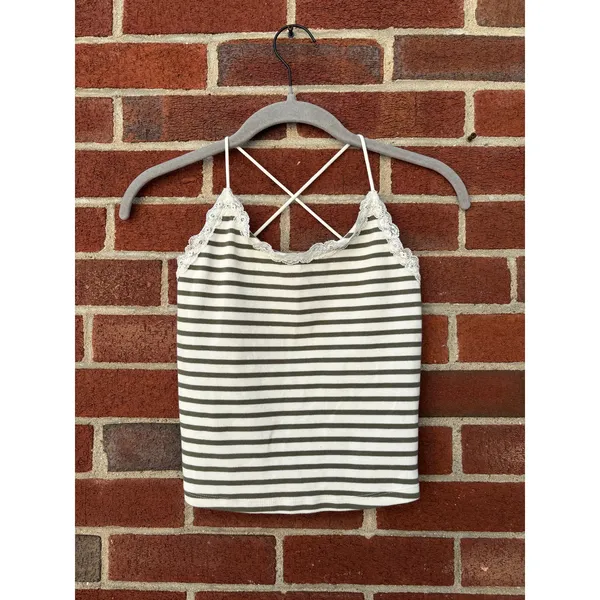 American Eagle Lace Trim Striped Cami Tank Top XS Olive Ivory Y2K Cottagecore - Image 3