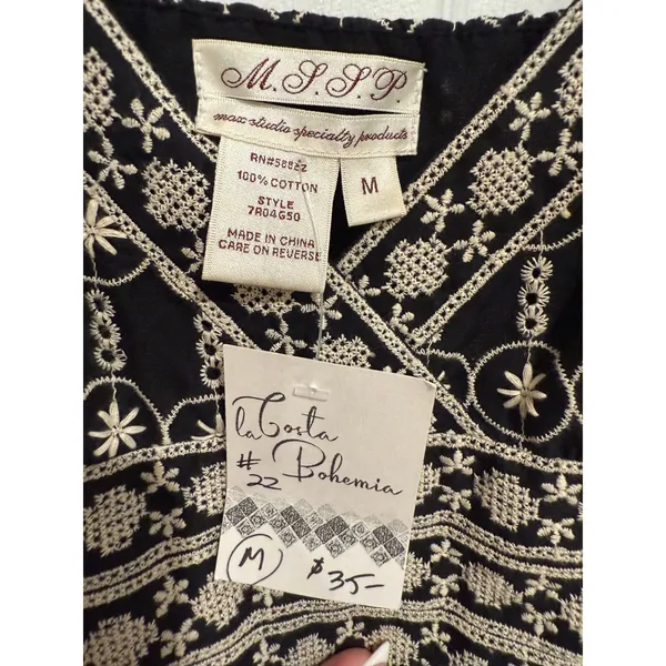 Sundress Boho Max Studio Black Embroidered Cotton V-Neck Size M NWT‎ - Image 3