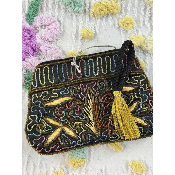 Sudha Beaded Coin Purse Black Gold Floral Embroidered Tassel Wristlet Pouch NWT‎ - Image 5