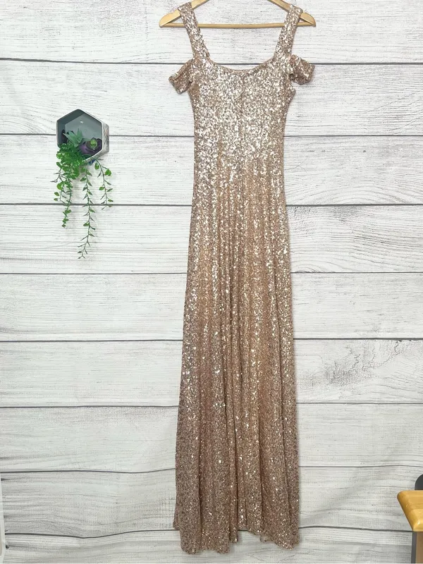 Couture Gold Sequin Sparkling Off Shoulder Formal Evening Gown Size Small Tall - Image 14