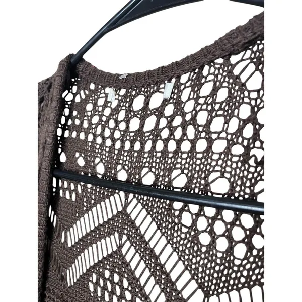 Brown Crochet Knit Long Sleeves Open Front Long Cardigan Womens Size‎ L - Image 5
