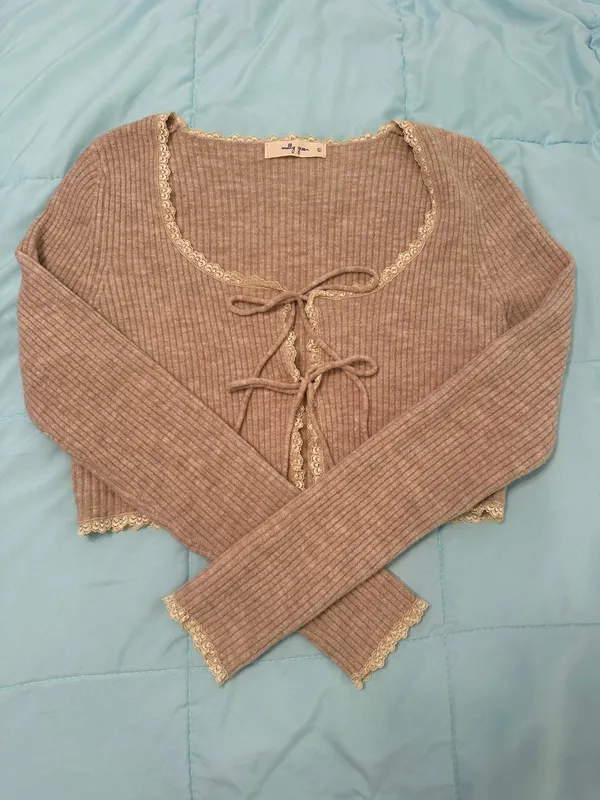 Molly Green Beige Tie-Front Cropped Cardigan - Image 2