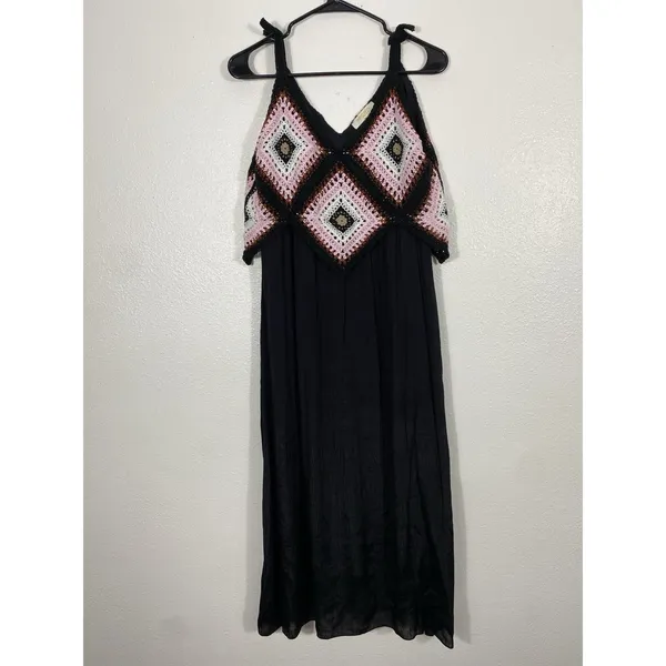 REBELLION Crochet Geometric Maxi Dress Sleeveless Black Pink Size M - Image 3