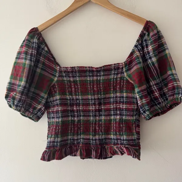 American Eagle Women's Plaid Puff Sleeve‎ Smocked Top Y2K Vibes - Image 6