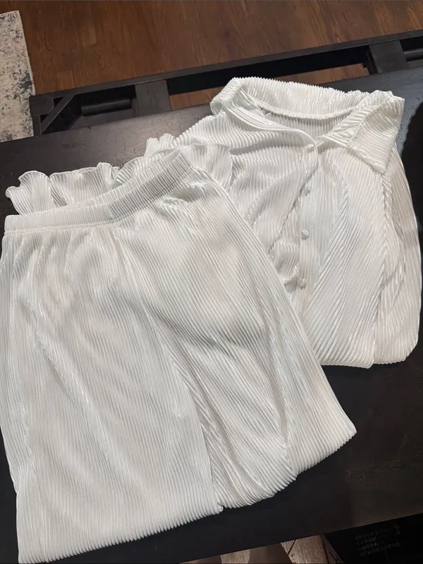 Amazon White Pleated Two-Piece Set Women’s Top and Pants - Image 2