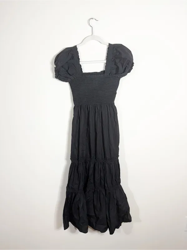 OPT Daphne Square Neck Smocked Dress Puff Sleeves Midi Black 100% Cotton Large - Image 3