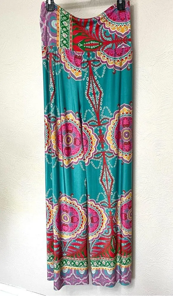Pleated Blue and Pink Medallion Print Maxi Wide Leg Pants for Resort Wear - Image 2