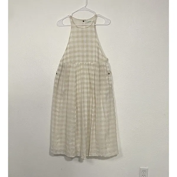 KIMCHI BLUE Size S Gingham White Beige Plaid Linen Cotton Pinafore Dress Snaps - Image 6
