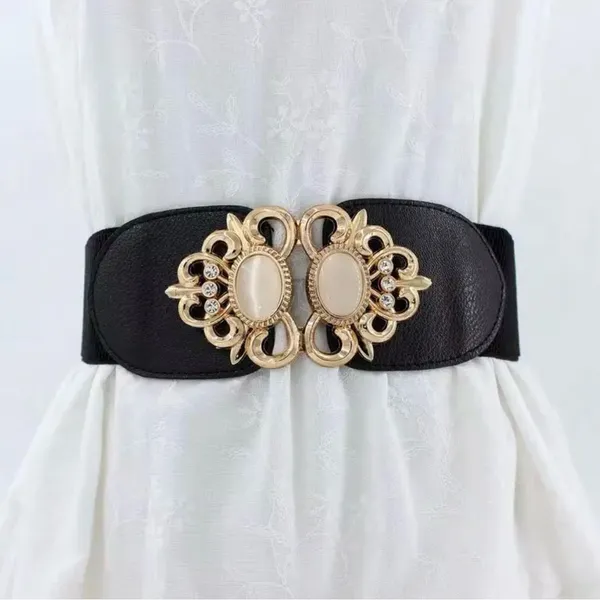 Golden Double Buckle Black Waspie Belt Stretchy Elastic Accentuating‎ Waist Band - Image 15