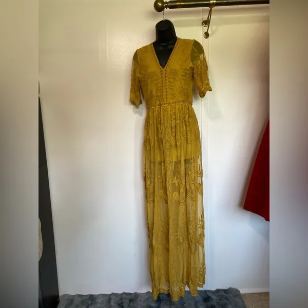 SOHCUE - Elegant Yellow Lace Maxi Dress embroidered - Image 8