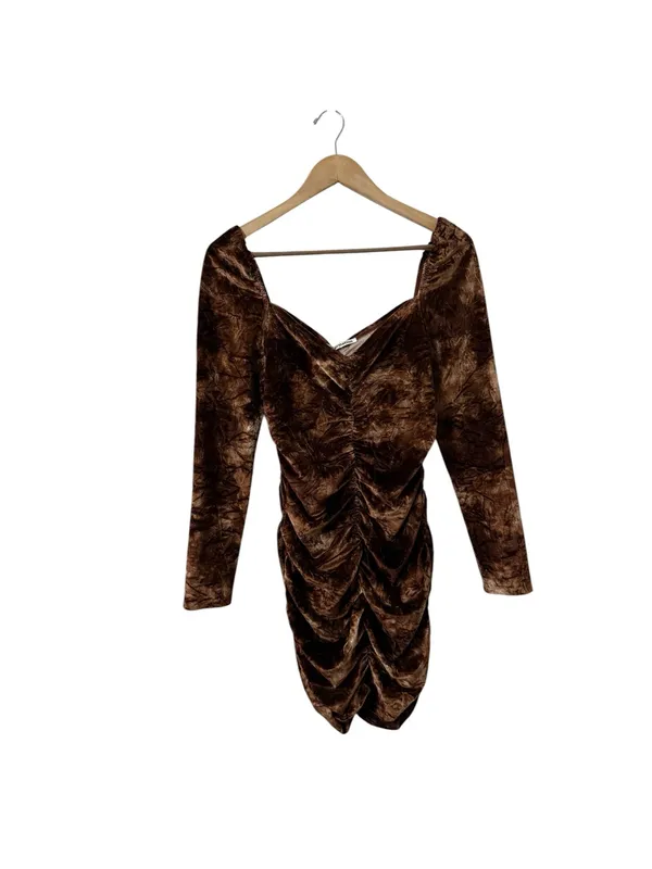 REFORMATION Heath Velvet Ruched Long Sleeve Brown Mini Dress - Image 2