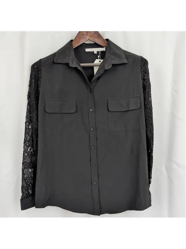 Deadstock Lovers + Friends Lace Sleeve Black Collared Shirt Small - Image 6