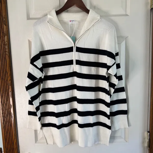 WIHOLL Striped Pullover Sweater Quarter Zip Tunic Top Black‎ White Size S - Image 7